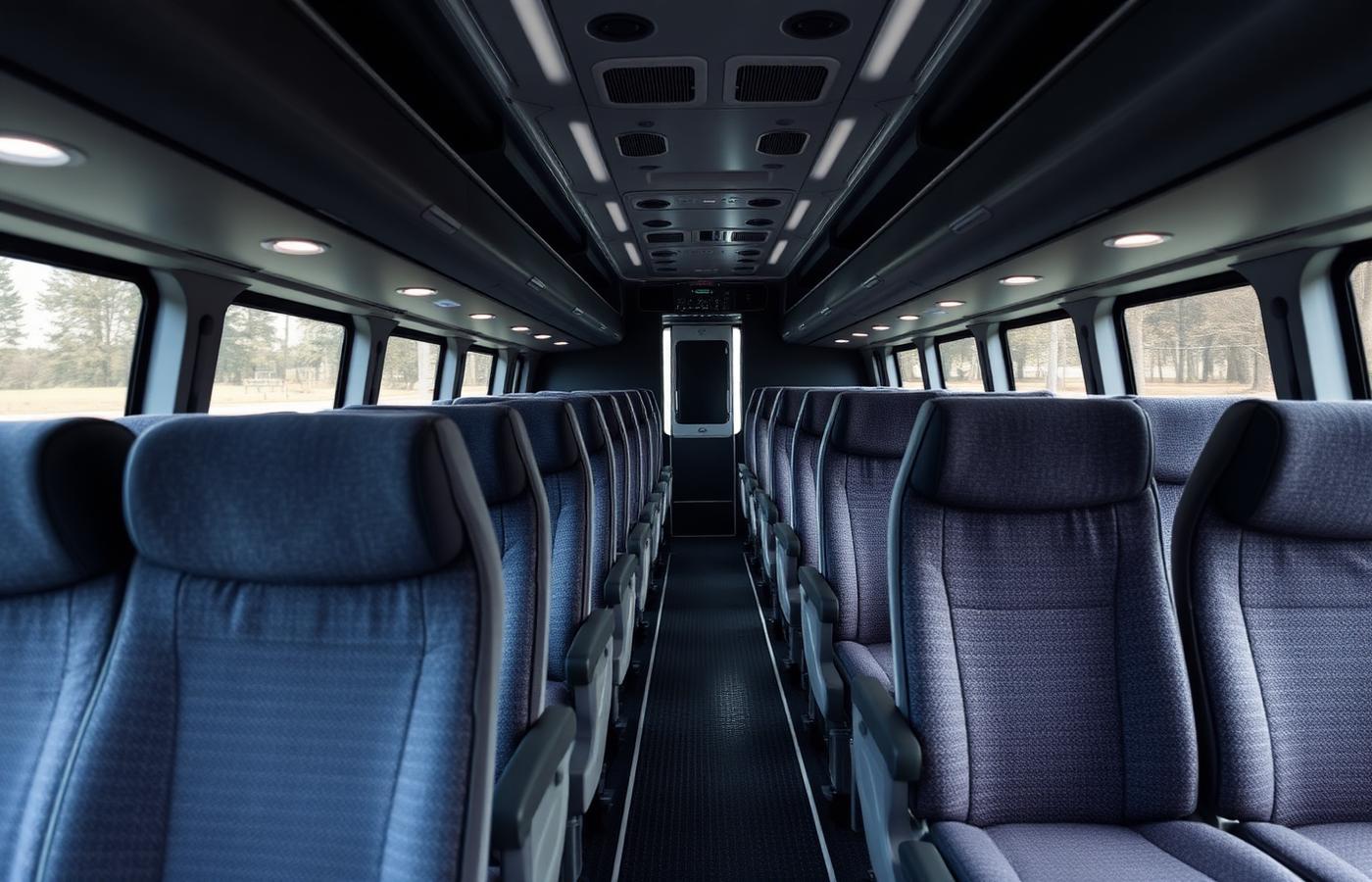Interior of a modern coach with reclining passenger seats