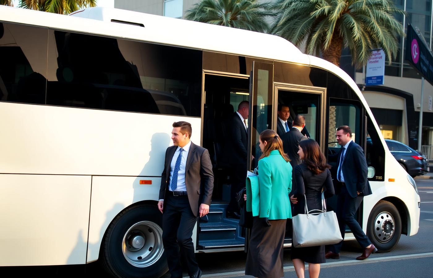 Employees boarding a staff transport bus in Dubai