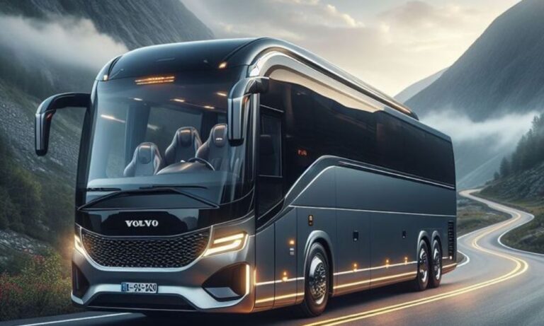 A diverse group reaching a decision around a digital tablet as they stand beside a line of different-size buses (minibus, coach, charter). The photo showcases bus exteriors and people pointing and smiling, suggesting planning and teamwork